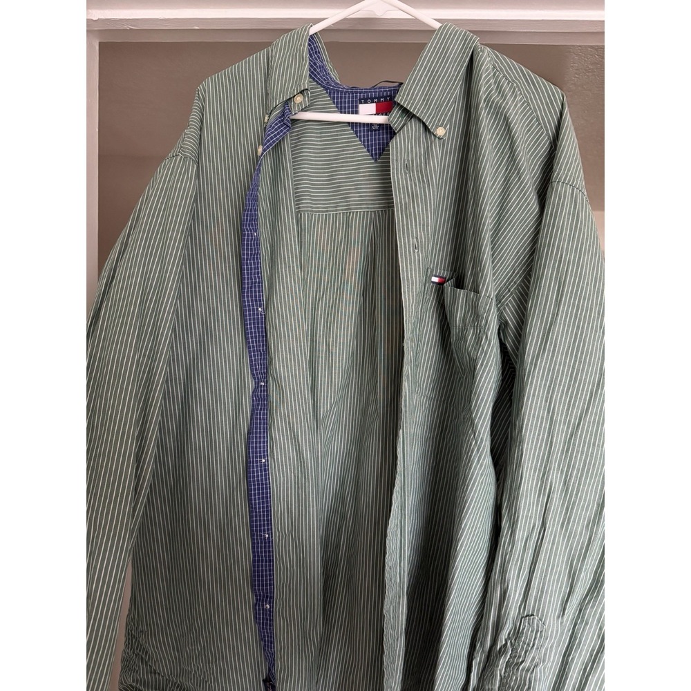 Tommy Hilfiger Men's Green Striped Cotton Long Sleeve Button-Down Shirt 1XLT